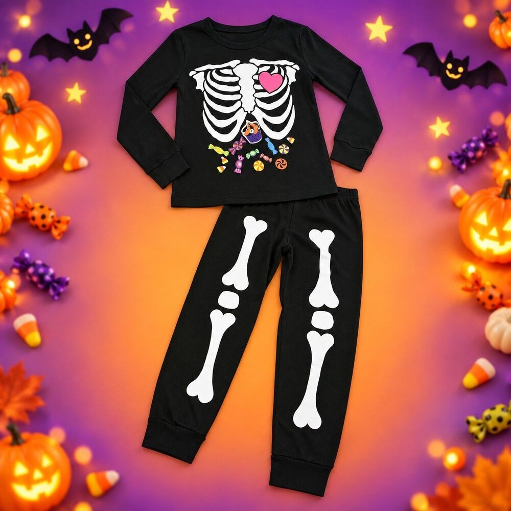 Children’s Place Glow in the Dark Skeleton Halloween Pajama Set Kids Size S 5/6